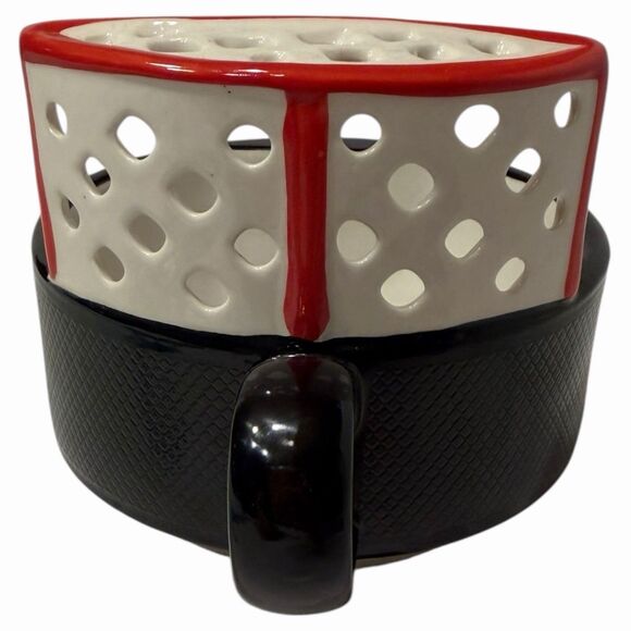 Hockey Puck Soup Bowl 16 oz Ceramic Goal Net Black Red Textured Novelty Gift 🏒 - Picture 5 of 10